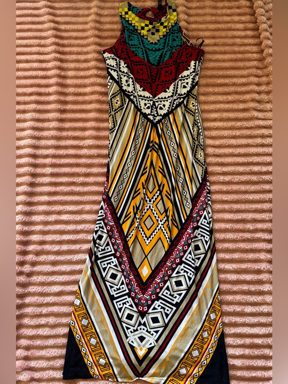 Vibrant bright tribal pattern maxi halter neck dress